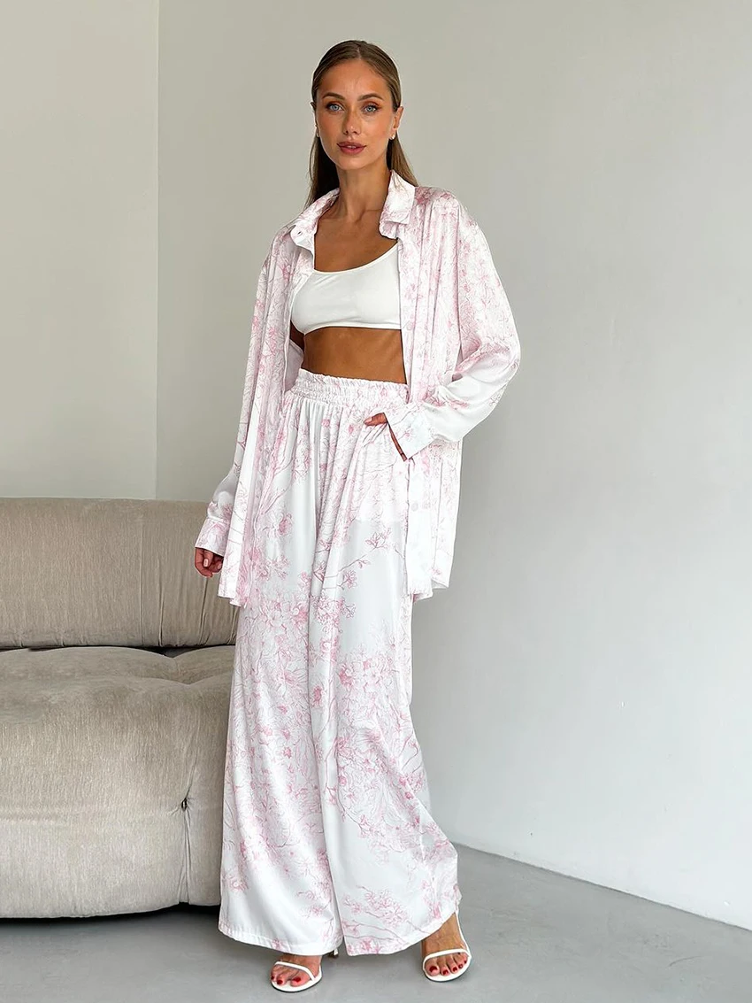 Marthaqiqi Printing Female Nightgown Suit Long Sleeve Pajama Turn-Down Collar Sleepwear Pants Causal Women Nightwear 2 Piece Set