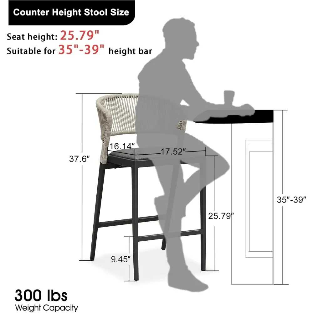 Conjunto de bancos de bar com altura de balcão de 2 bancos de bar modernos de vime de alumínio para exterior com encosto e almofada