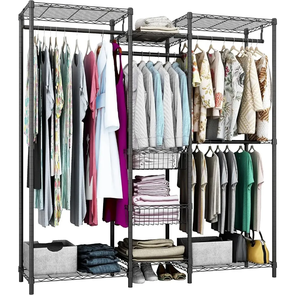 

Freestanding Heavy Duty Clothes Rack, Wire Clothing Rack with Hanging Rod,Adjustable Shelves & 2 Slid Fixed Baskets,60.7