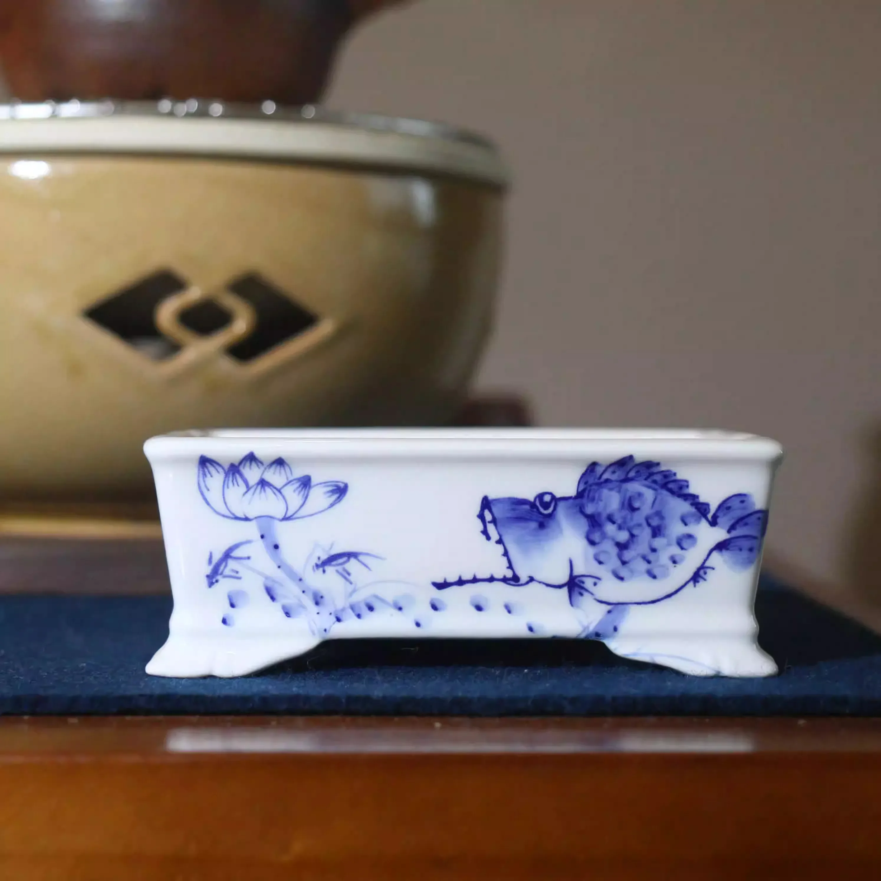yesPorcelain Glazed Rectangle Bonsai Pot,Blue and White,Small Vase, Chinese Mandarin Fish Pattern,Garden Decoration