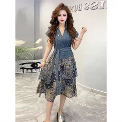 Female Short Blazer And Print Dresses Two Piece Set Fat High Waist Slim Fit Large Size 4XL Korean Version Set Dress Pink Black