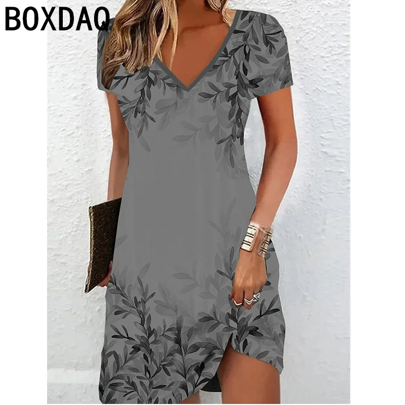 5XL 6XL Large Size Women\'s Dress 3D Vintage Leaf Print Dress Summer Short Sleeve V-Neck A-line Knee-length Dress Vestidos