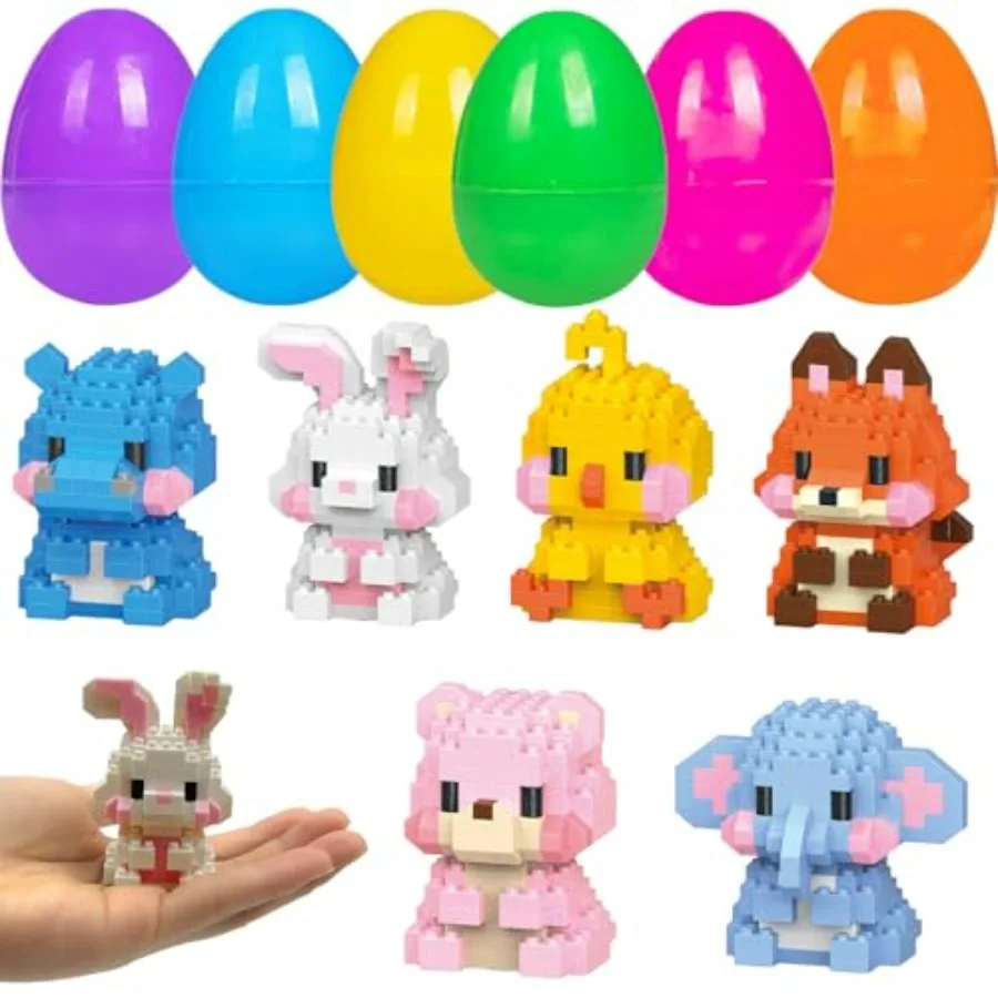 

6 Pack Prefilled Easter Eggs with Toys Inside, Cute Mini Animals Building Blocks for Easter Basket Stuffers Essential, Easter E
