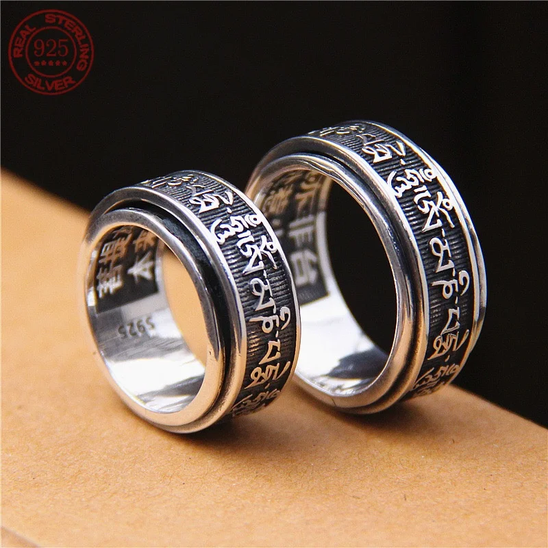 

Real 925 Sterling Silver Vintage Rings For Men Rotatable Tibetan Six Words Mantra Rings Om Mani Padme Hum Buddhist Jewelry