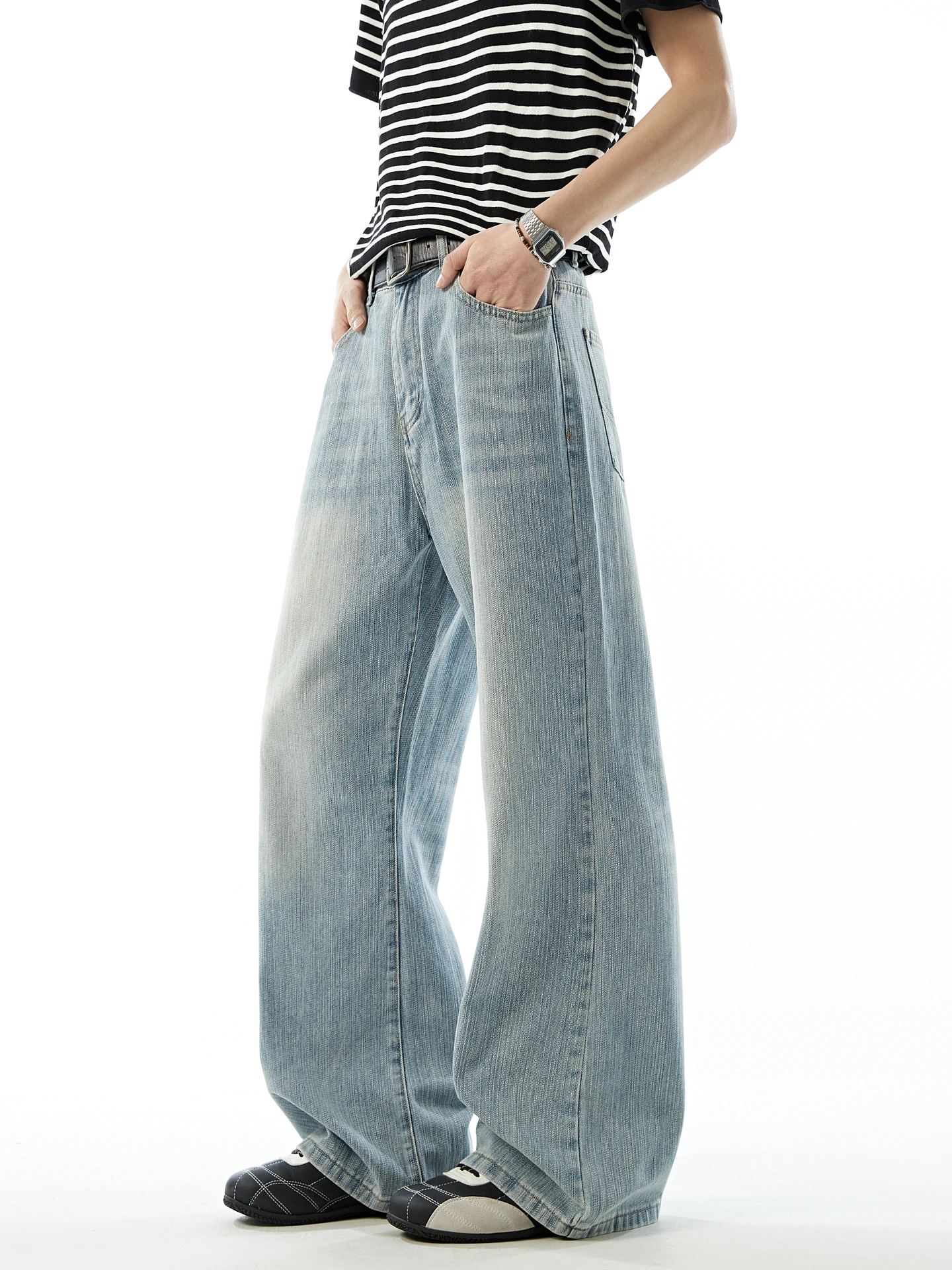 

Casual Loose Men's Straight Leg Jeans Bamboo Texture American Streetwear Durable Cotton Polyester Blend Youth Fashion