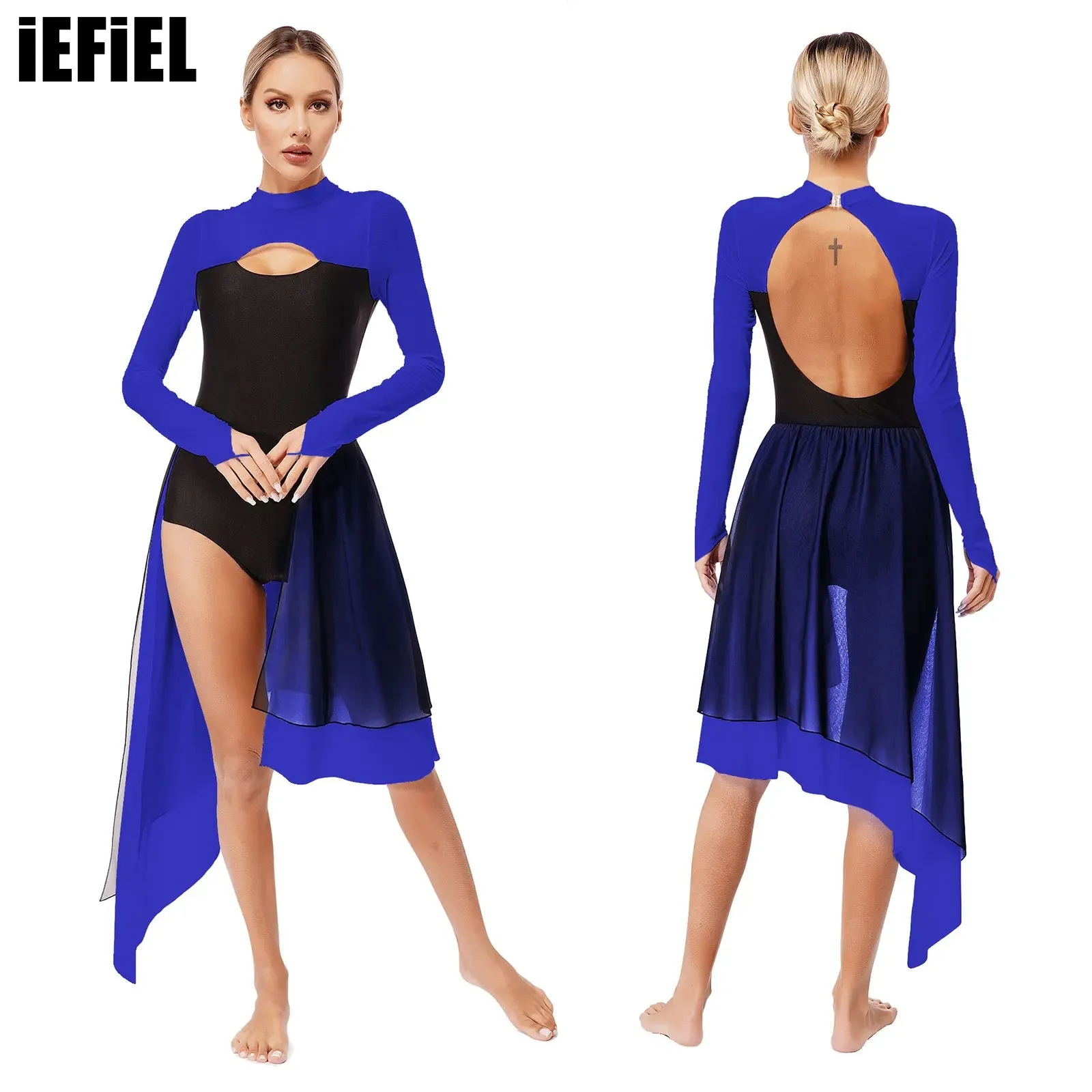 

Womens Lyrical Dance Dress Cutout Backless Sheer Mesh Long Sleeve Irregular Leotard Dress for Stage Performance Competition