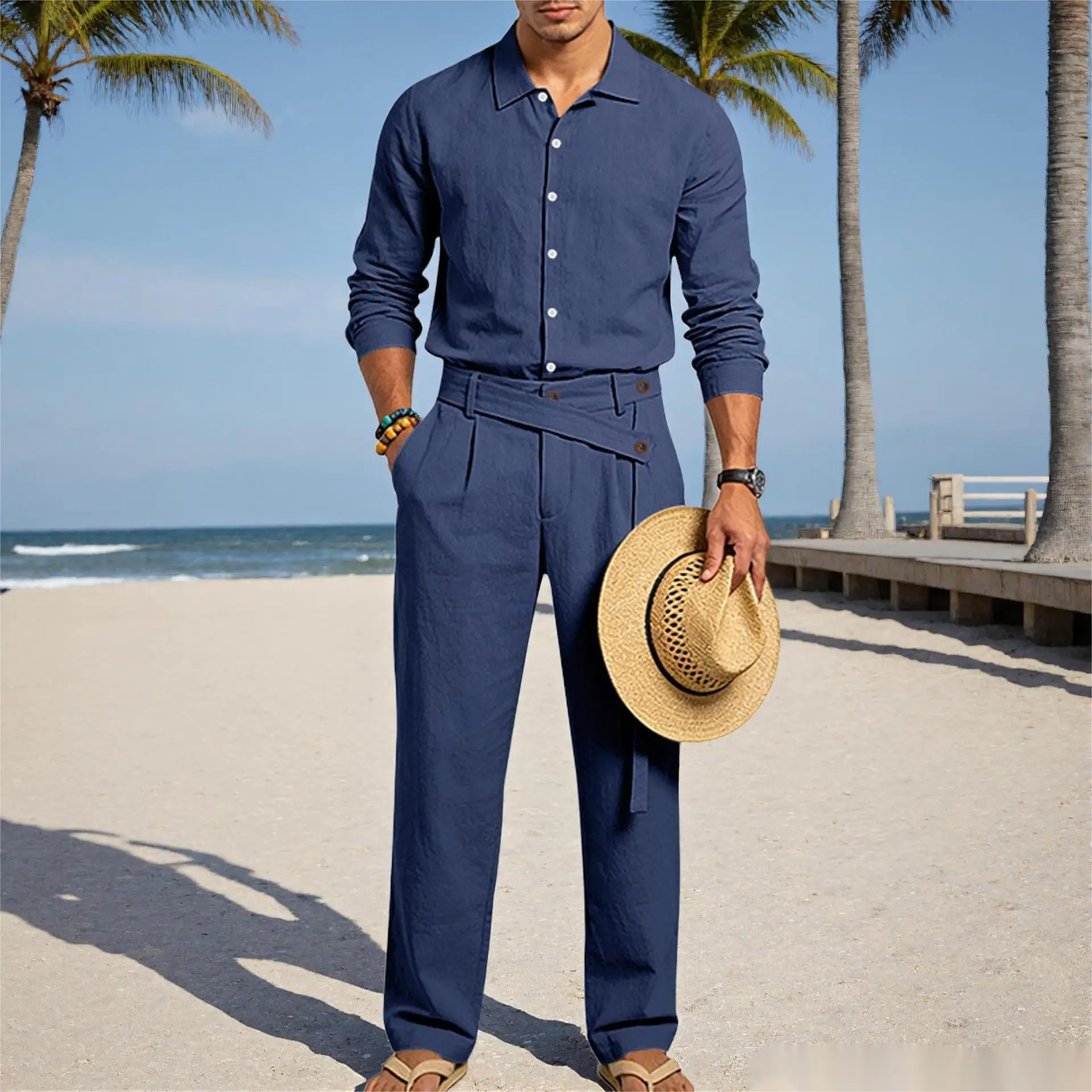 Europäisch-Amerikanisches Herren-Leinen-Freizeitset: Hemd mit Umlegekragen und Hose mit hohem Bund und Gürtel – Locker, atmungsaktiv, für Urlaub und Strand – Detail 10