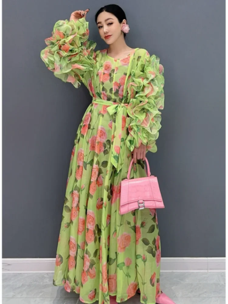 

Vefadisa 2024 Summer New Army Green Chiffon Flower Printed Women Dress O-Neck Lantern Sleeve Lace-up Swing Long Dress ZXY579A