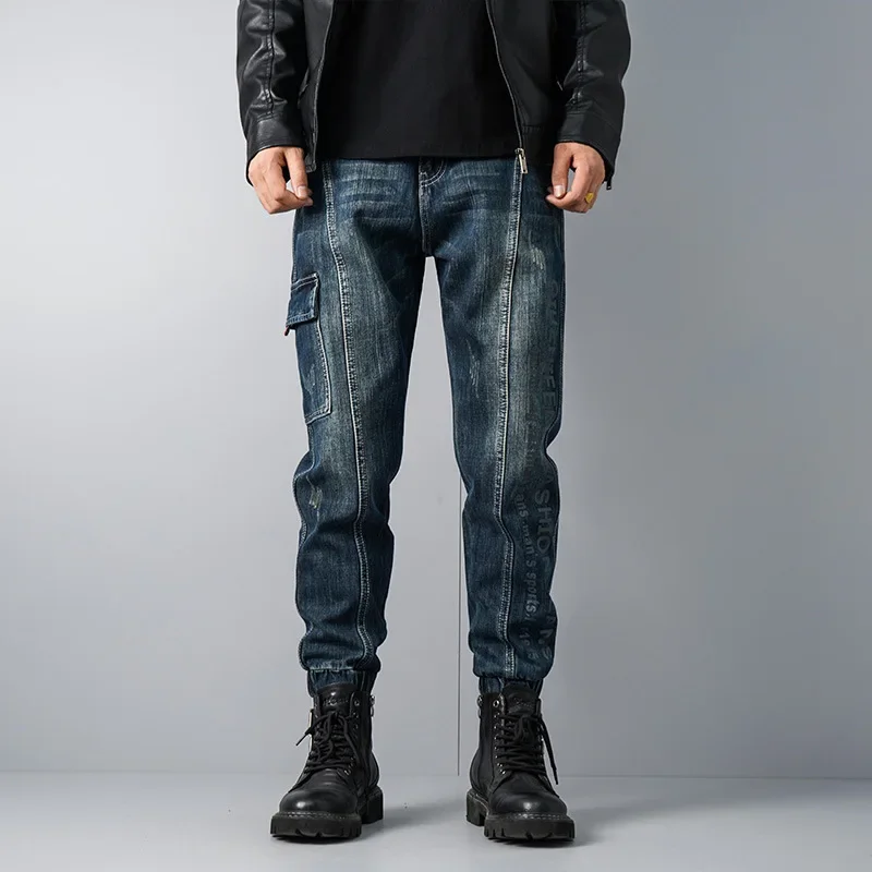 

LIBIELIY Four Seasons New Fashion Men's Casual Loose Jogger Pants Jeans Vintage Washed Dark Blue Denim Cargo Trousers Male Stree