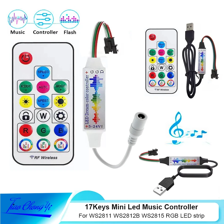 WS2812B RGB Full color LED stirp contorller USB/DC 3key 17Key RF, Musice 14Key Remote For SK6812 WS2811 WS215 LED lgiht string