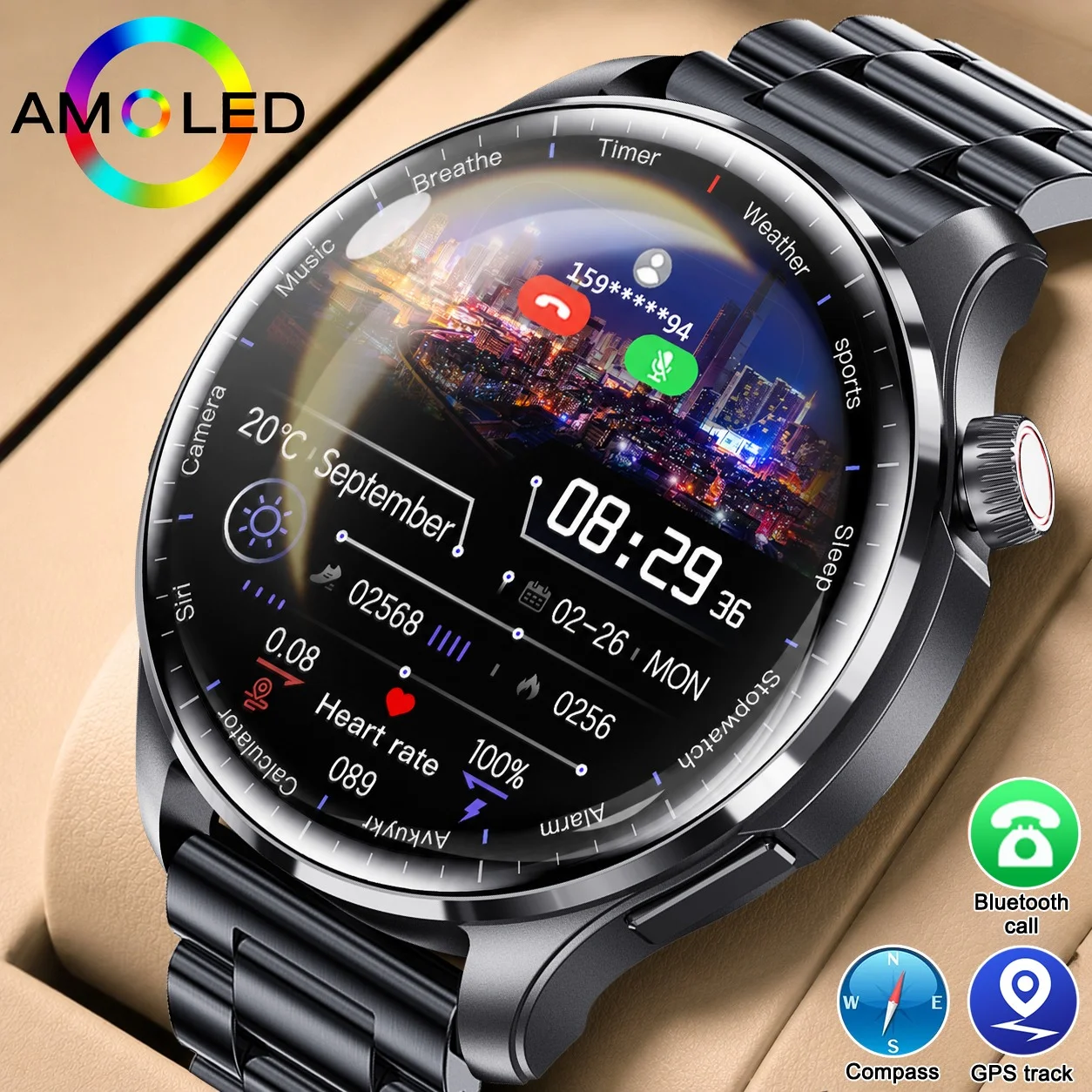 

2026 New Sapphire Smart Watch Men Ultra HD AMOLED Screen GPS Bluetooth Call NFC Compass IP68 Business Fitness Smart Bracelet iOS