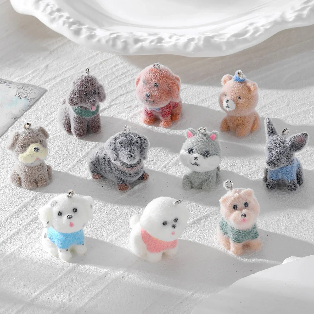 20Pcs 3D Cute Flocking Teddy Dog Resin Charms Mini Cartoon Animal Dog Pendant For Keychain Earring DIY Crafts Jewelry Make