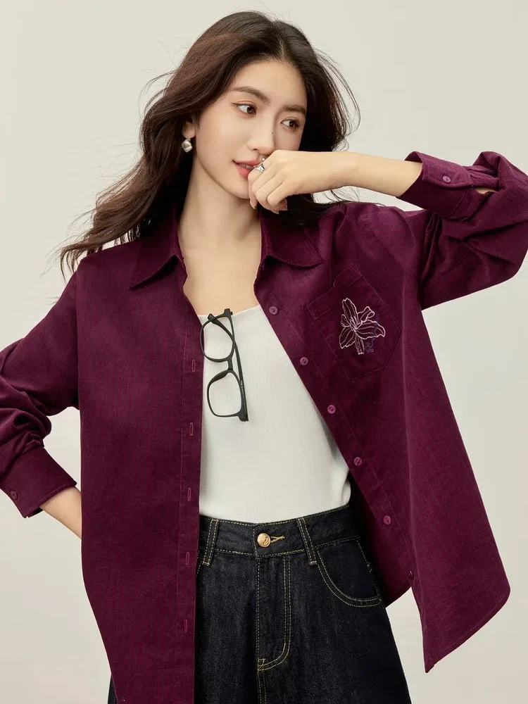 

SENTUBILA Cotton Corduroy Shirt For Women 2025 Autumn Casual Flower Embroidered Long Sleeve Shirts Ladies Red Top 153C80507