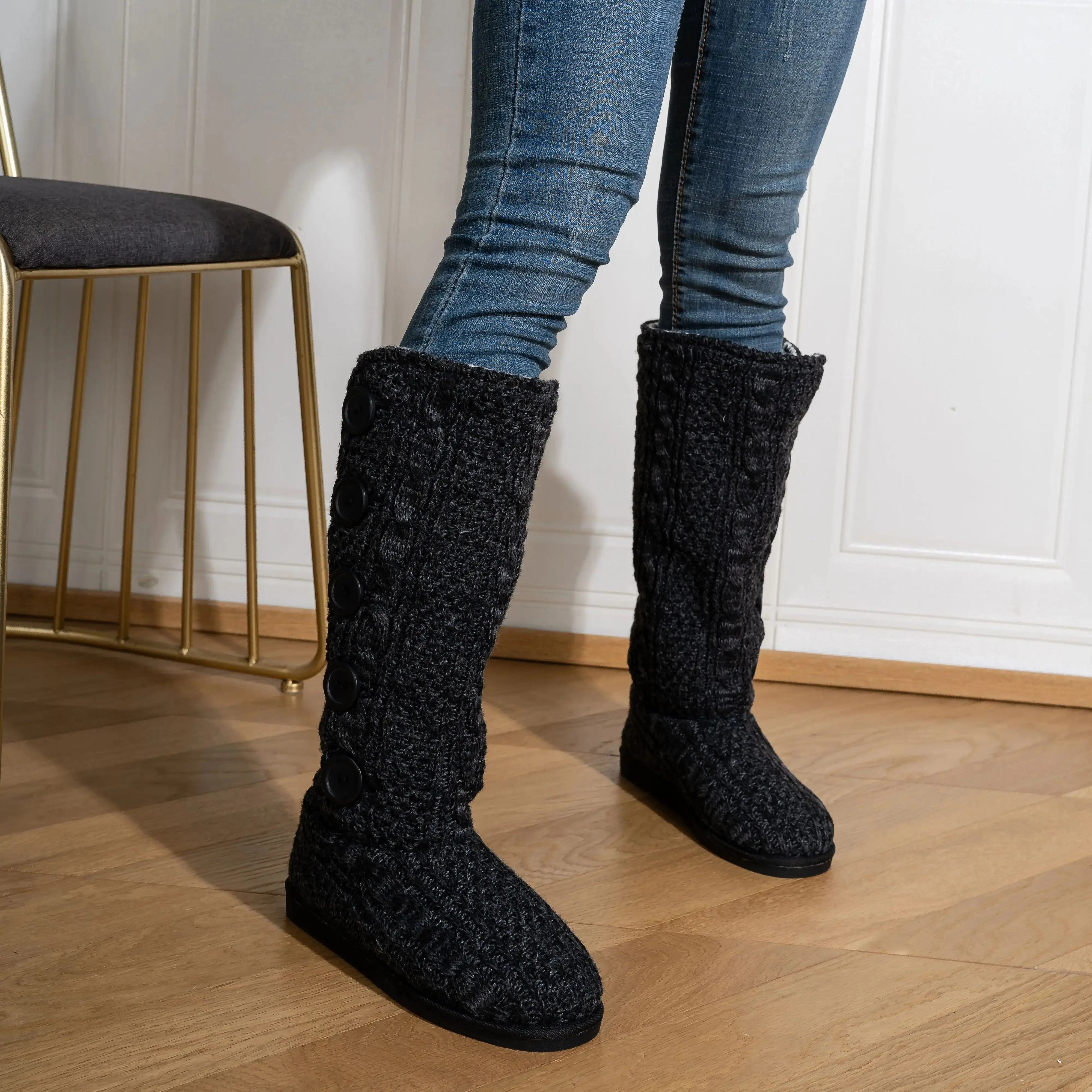 

Women's new autumn and winter long boots with plush and thickened knitted yarn, casual long leg boots, cotton boots