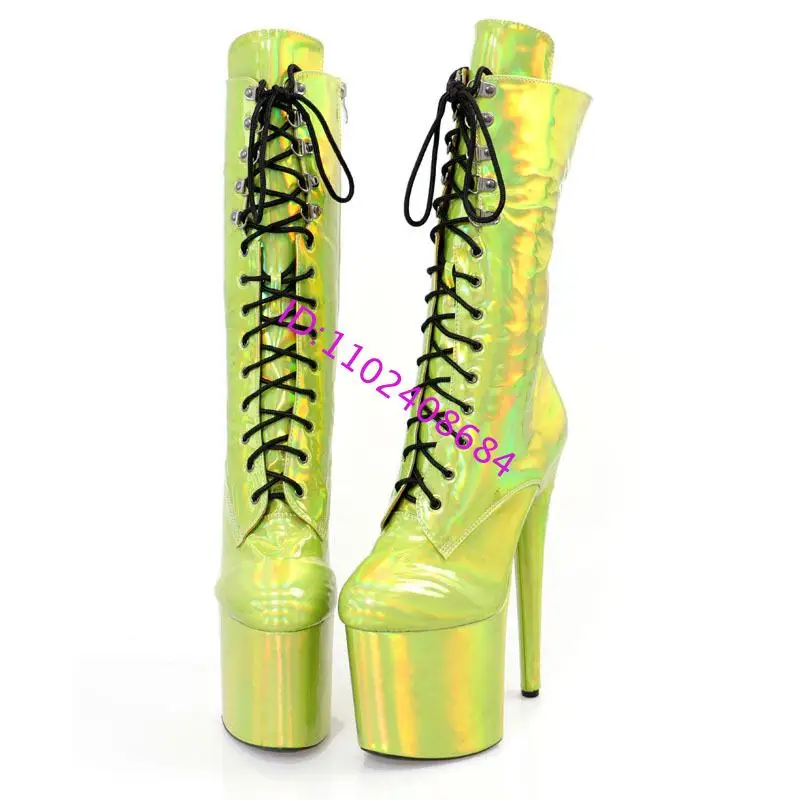 Women's 15cm High Heel Pipe Dance Thong Short Boots Sexy Laser Fluorescent Patent Leather with 5cm Platform