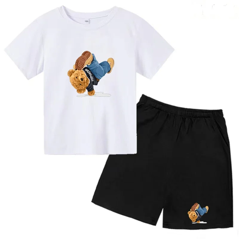 

Children's Age 3-12 Leisure Short Sleeve Round Neck T-shirt +shorts Set Boys Girl Cotton Little Bear Print Summer Clothing