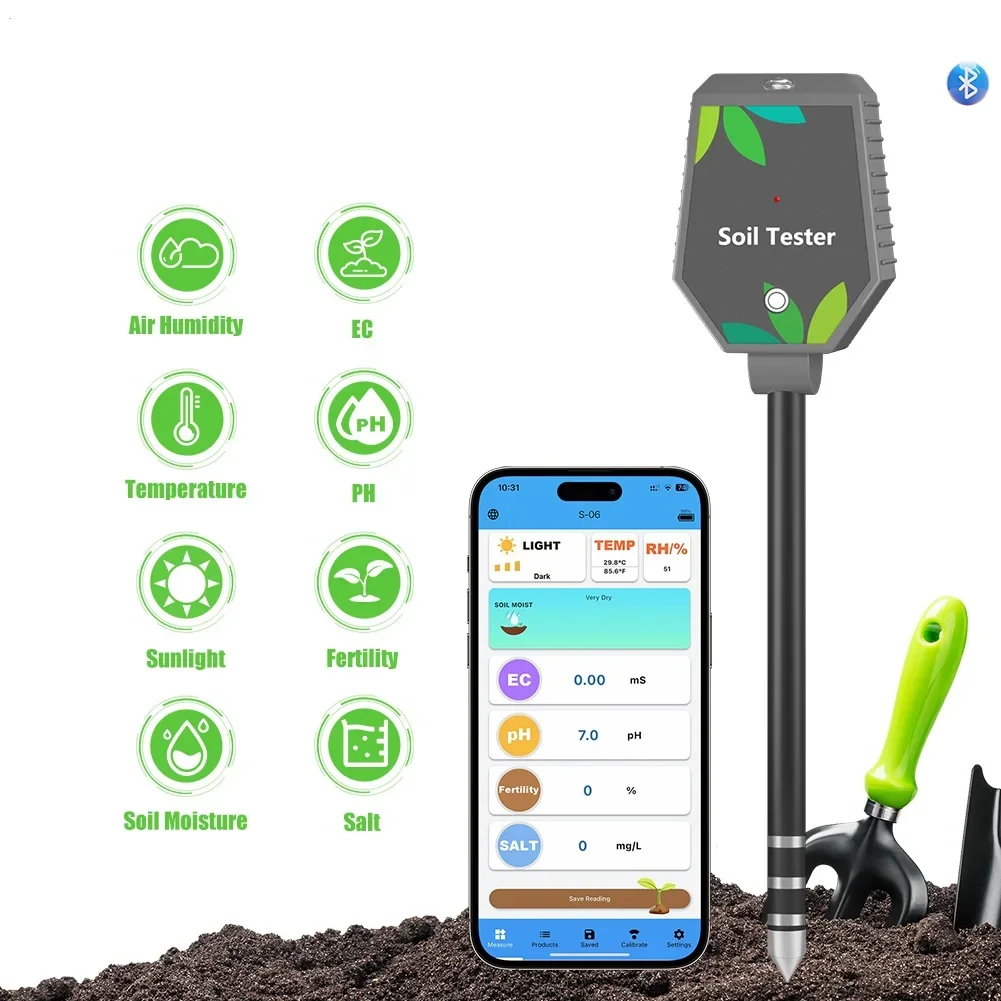 

Smart Bluetooth Digital Soil Tester Soil pH Salt EC Fertility Temp Light Intensity Moisture Data Logger Garden Planting Tools