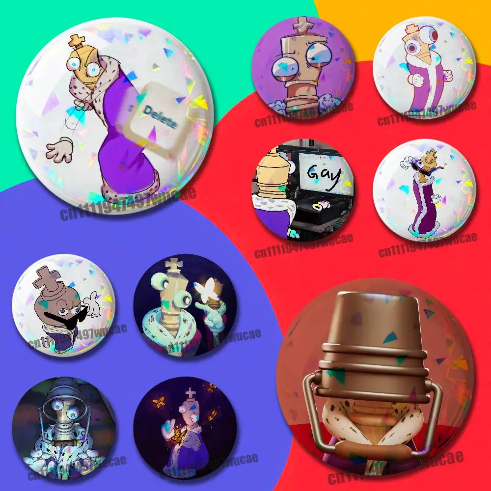 For Chess King K-Kinger Cartoon Emblem Case DIY Pin Insignia Badge Round Souvenir Brooch Button Laser