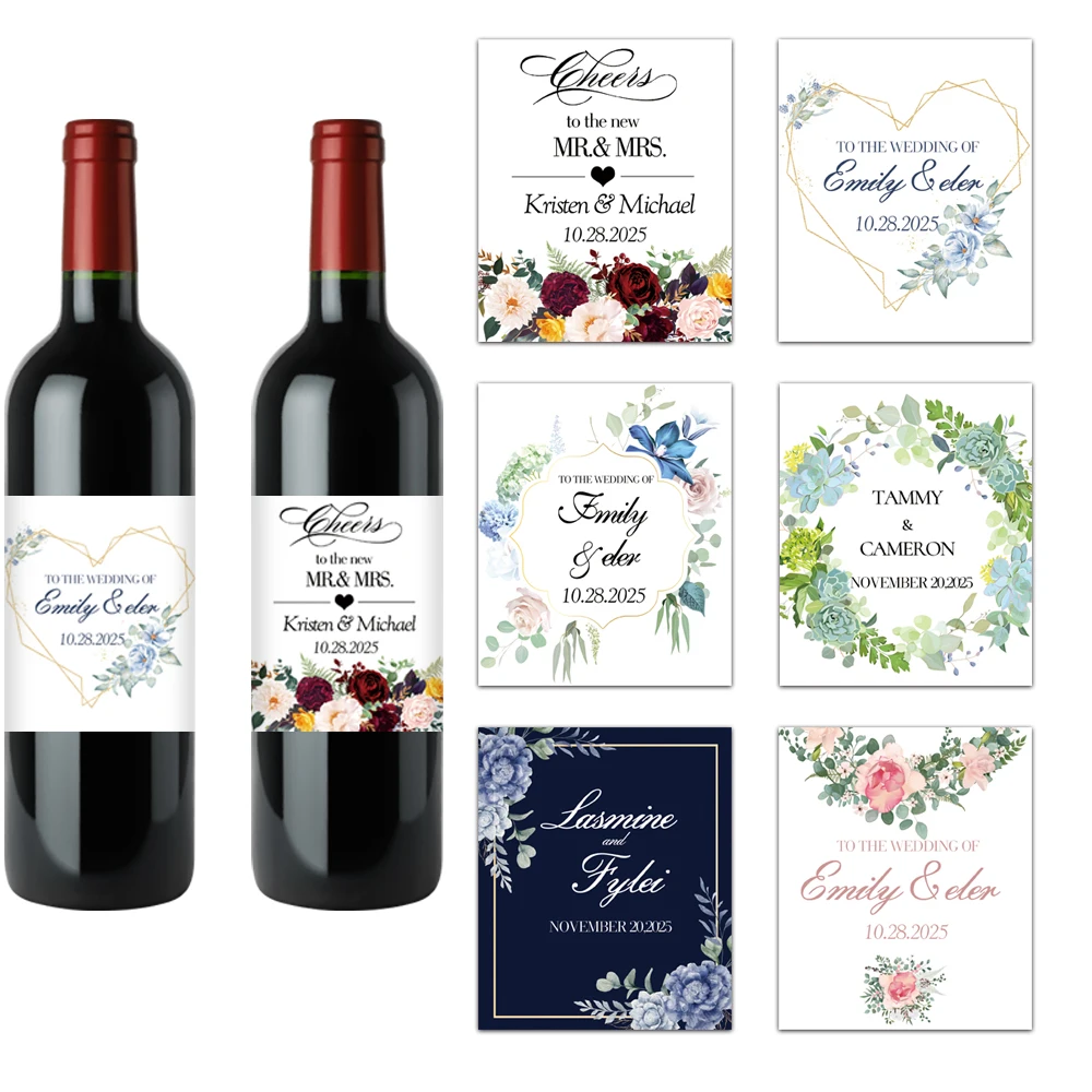 Maßgeschneiderte Namen und Fotos für Bräutigam und Braut. Party-Weinflaschenaufkleber, Vintage-Kraftpapieraufkleber für Partywein und Getränke
