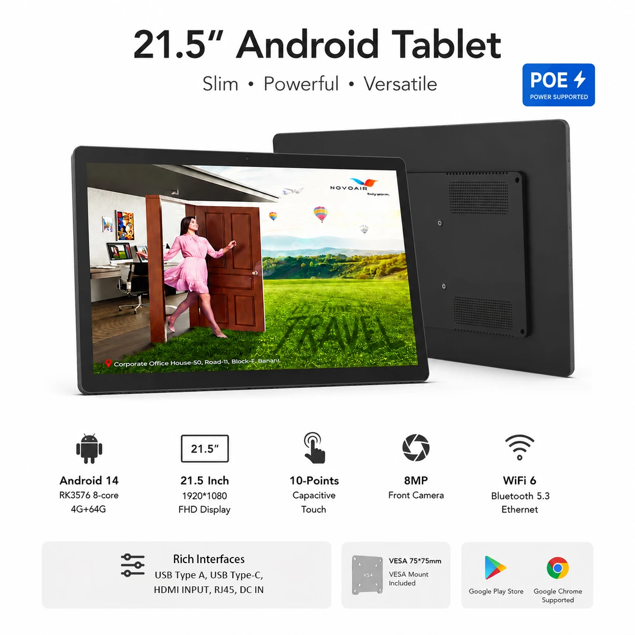 A brand new Android 14 wall-mounted monitor, featuring a21.5-inch 8MP Camera, HDMI output support, and optional 4GB+64GB