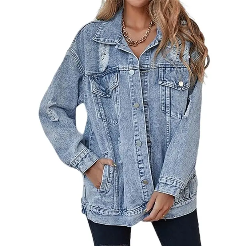 ABJO-Giacca di jeans lunga oversize da donna Cappotto da giubbotto di jeans effetto consumato strappato da fidanzato