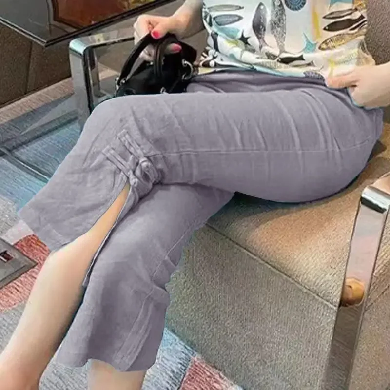 

Укороченные брюки из хлопка и льна с эластичной резинкой на талии для лета, повседневные брюки с разрезом и пряжкой для женщин в стиле Wasteland XT1092