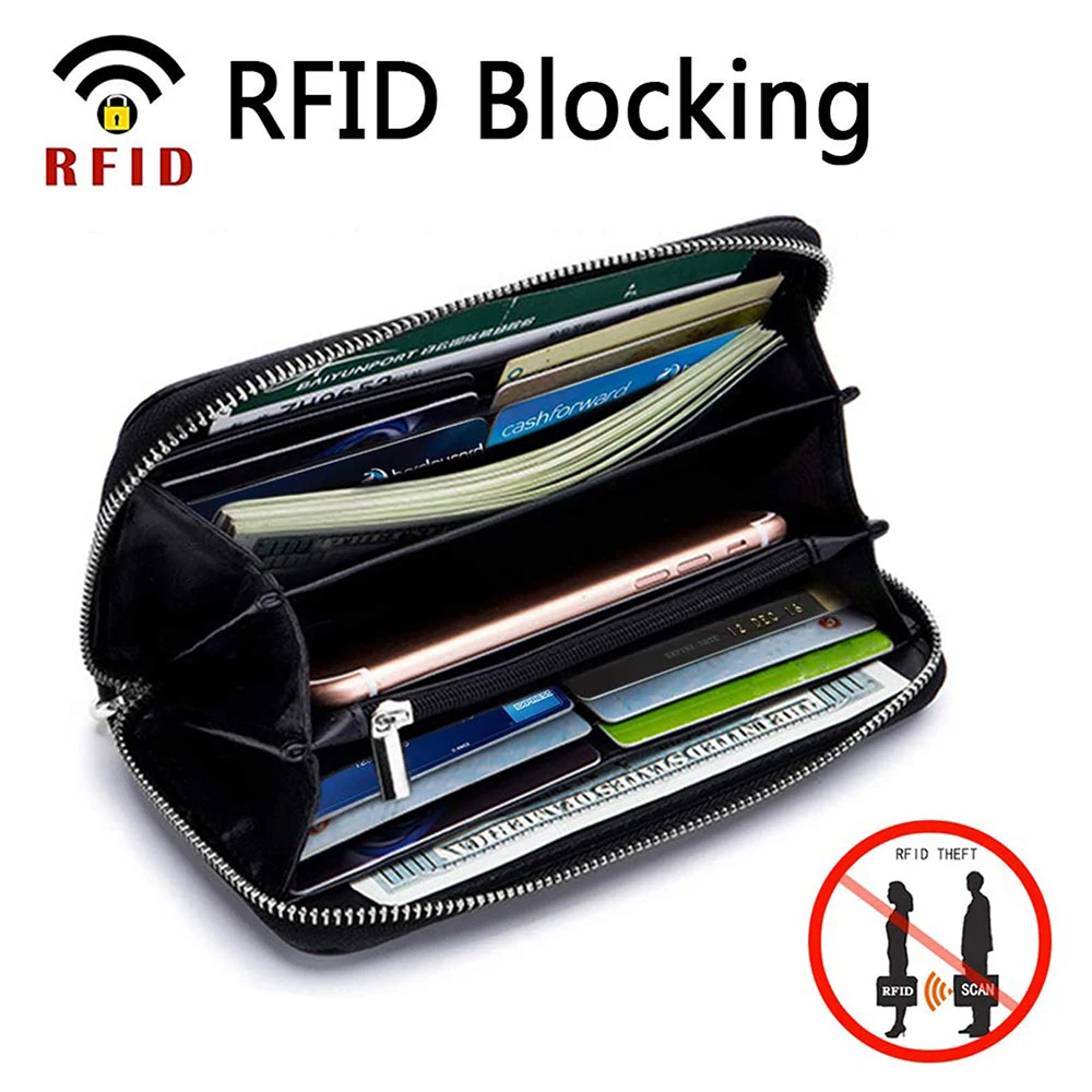 Womens Wallet RFID Blocking Genuine Leather Luxury Design Zip Around Wallet Clutch Wristlet Travel Long Purse Handbags