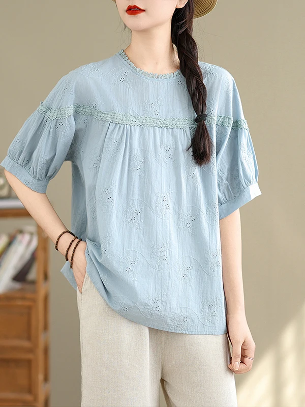 

Summer 2025 Fashionable Pure Cotton Printed Splice Lace round Neck Short Sleeve Loose Casual Elegant Small Shirt Women's Shirt