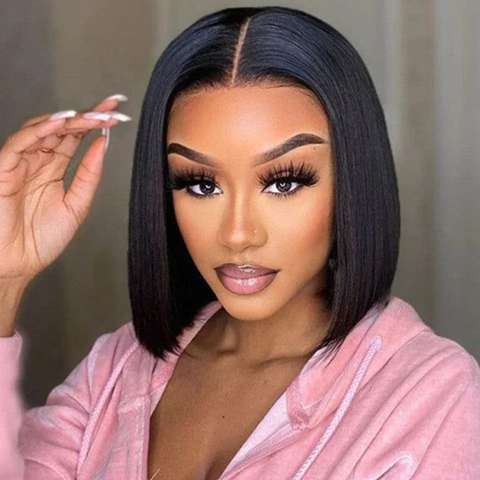 

Black Pearl Straight Short Bob Wig T Part Lace Front Wig Human Hair Wigs 180 Density Peruvian Pre Cut Lace Front Human Hair Wigs