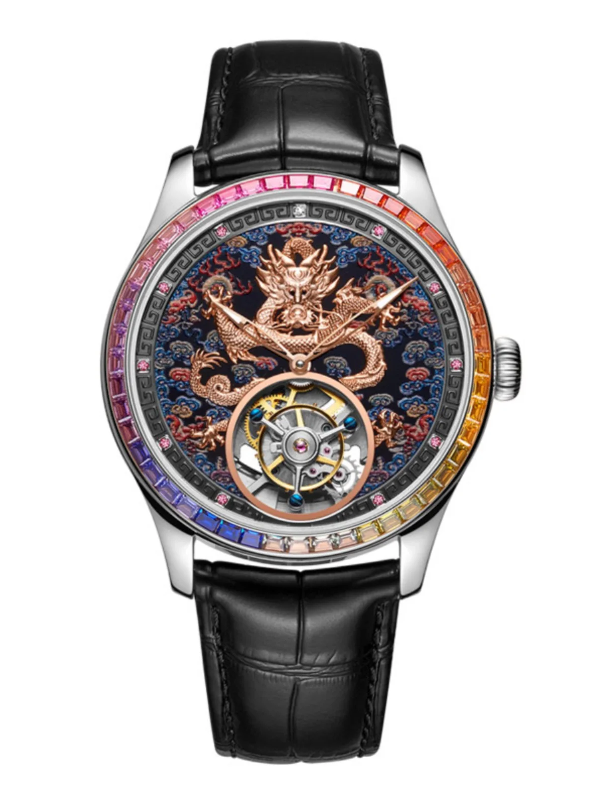 Orologio meccanico tourbillon completamente automatico da 42 mm con intarsio di diamanti autentici da uomo, cristallo di zaffiro