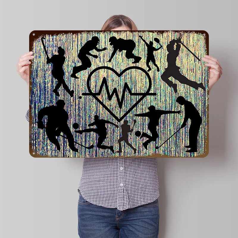 Sports Silhouettes With Heartbeat Tinplate Poster Customized Wall Art Vintage Metal Signs Retro Plates for Custom Plate House
