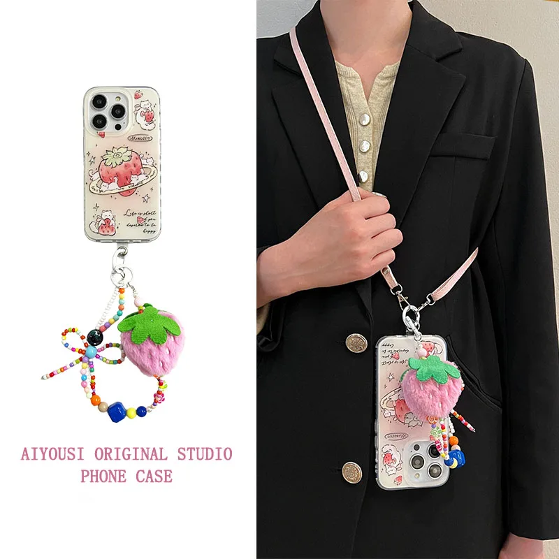 

Teenage girl strawberry cat handheld chain for iphone15promax phone case 14pro apple 11 anti fall 12 crossbody rope 13promax