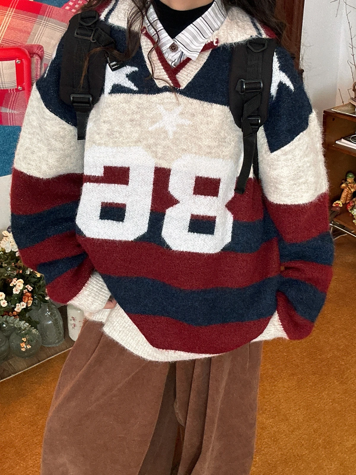 

Свободный полосатый свитер с американским воротником C2 Sle для мужчин и женщин, осенне-зимняя новинка, вязаная одежда в университетском стиле, V-образный вырез, длинный рукав