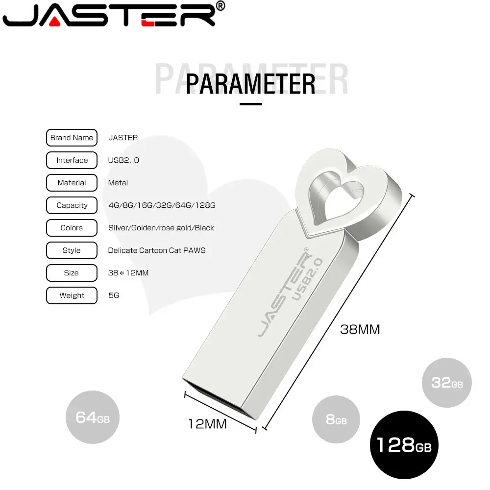 JASTER Free Custom Logo USB Flash Drives 128GB Heart Metal Memory Stick 64GB Free Key Chain Pen Drive 32GB Creative Wedding Gift