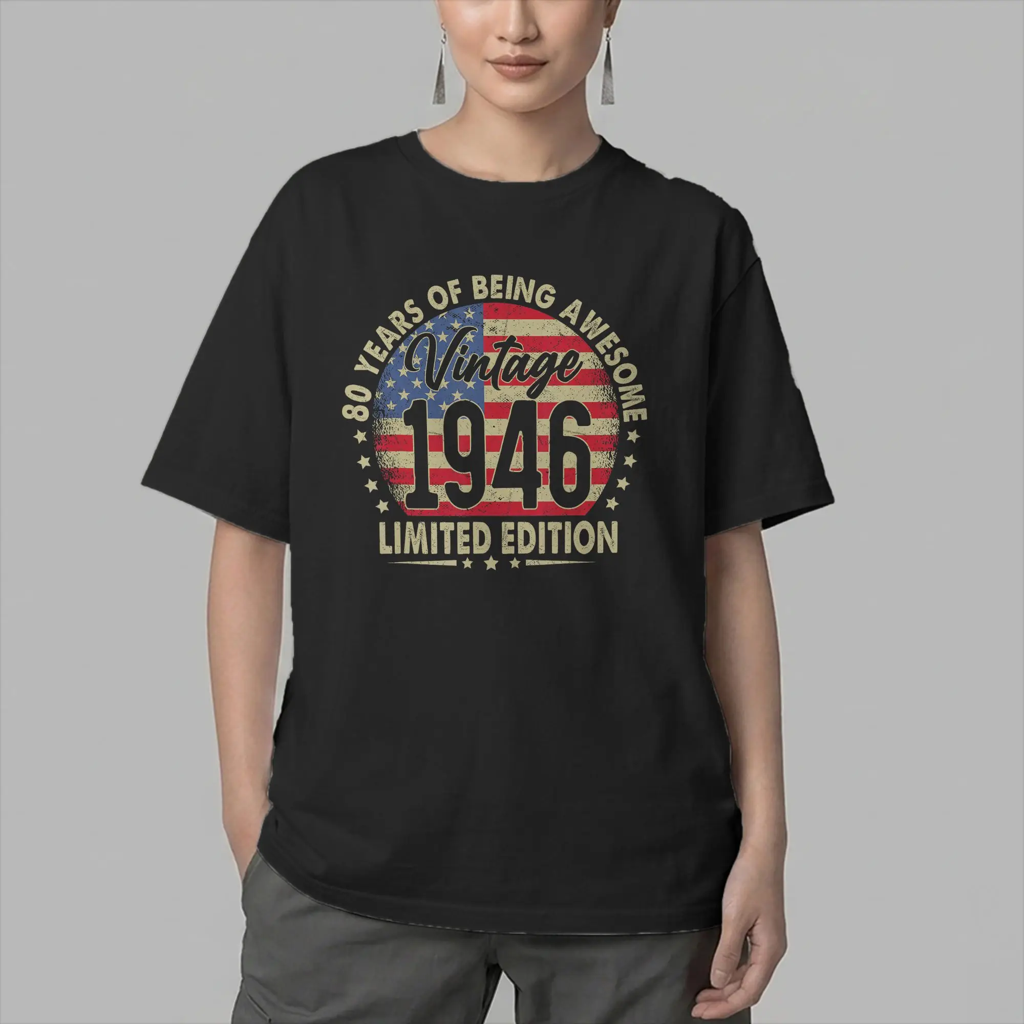 80th Birthday Born 1946 80 Year Old T Shirt for Men Pure Cotton T-Shirts O Neck USA Flag Tee Shirt Short Sleeve Clothing Summer