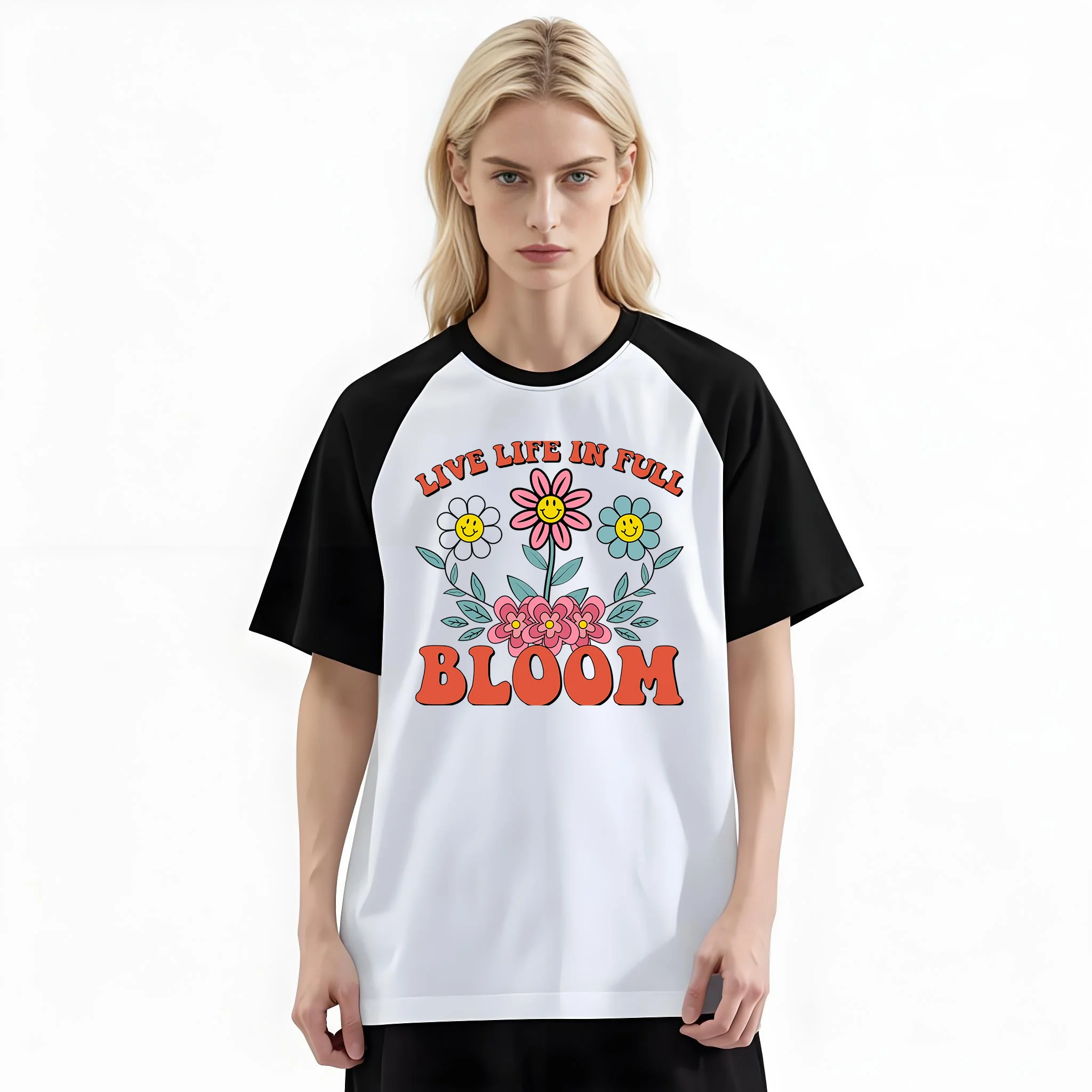 Women'S Fashion Raglan Sleeve T-Shirt, Live Life In Full Bloom Floral Quote Printed, Summer Casual Comfortable Tee, Women'S Everyday Short-Sleeve Top