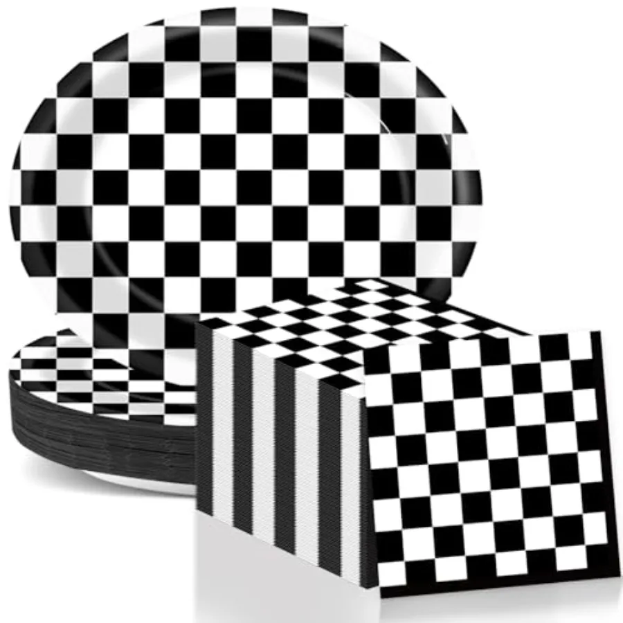 Racing Car Party Oval Paper Plates 11inch Black and White Checkered Flag Plates and Napkins, Dish Tray for Race Fans Birthday P