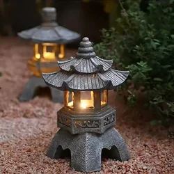 Lanterna de pagode solar led para varanda jardim, luz de estátua ao ar livre, paisagem de resina japonesa, ornamento de lâmpada decorativa