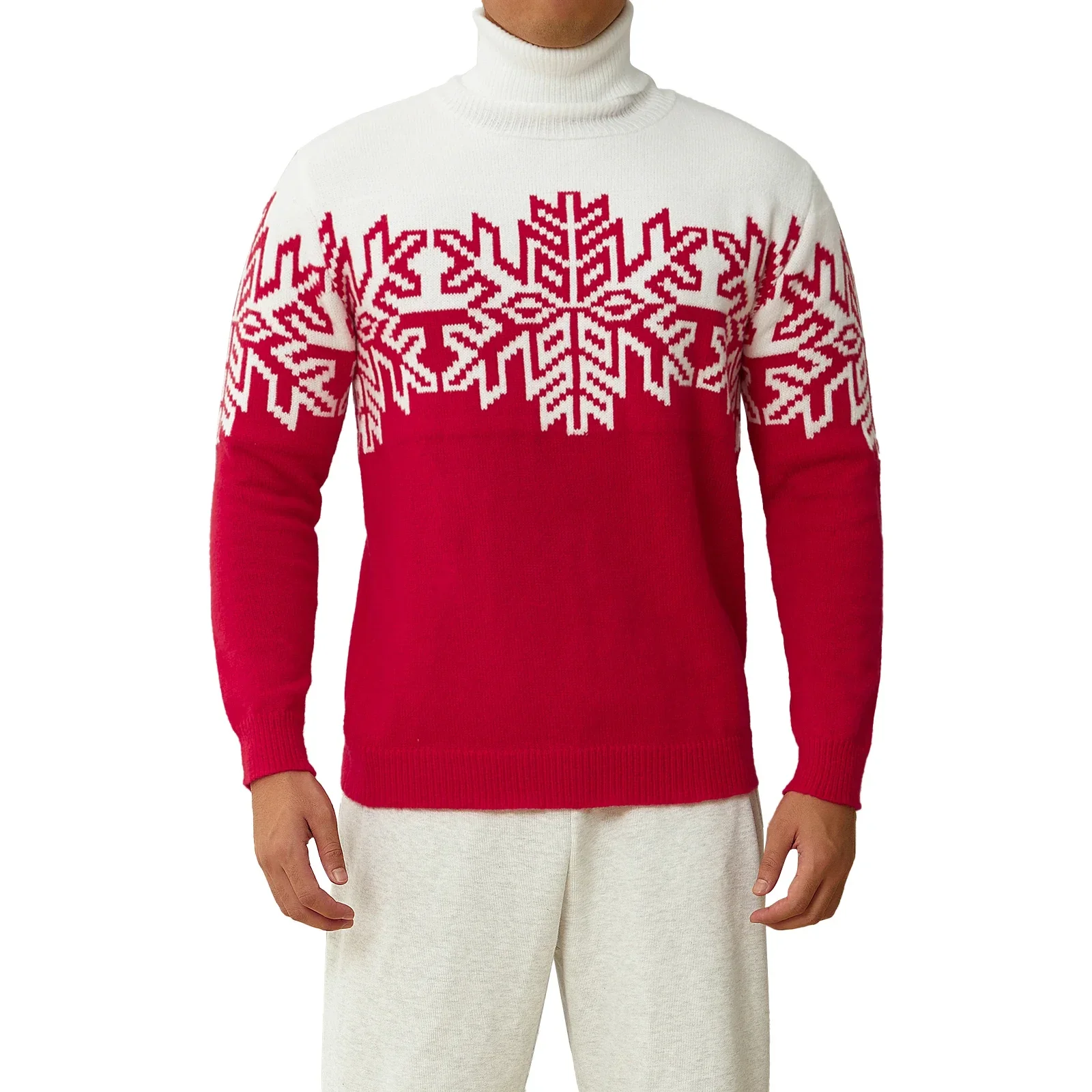 Family Matching Christmas Sweater Snowflake Print Contrast Color Turtleneck Long Sleeve Knitted Pullovers