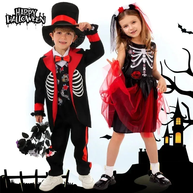 Disfraz de lujo para niños, Día de los muertos, esqueleto, disfraz mexicano para niños y niñas, Halloween, Carnaval, Pascua, Purim, vestido elegante kn.7