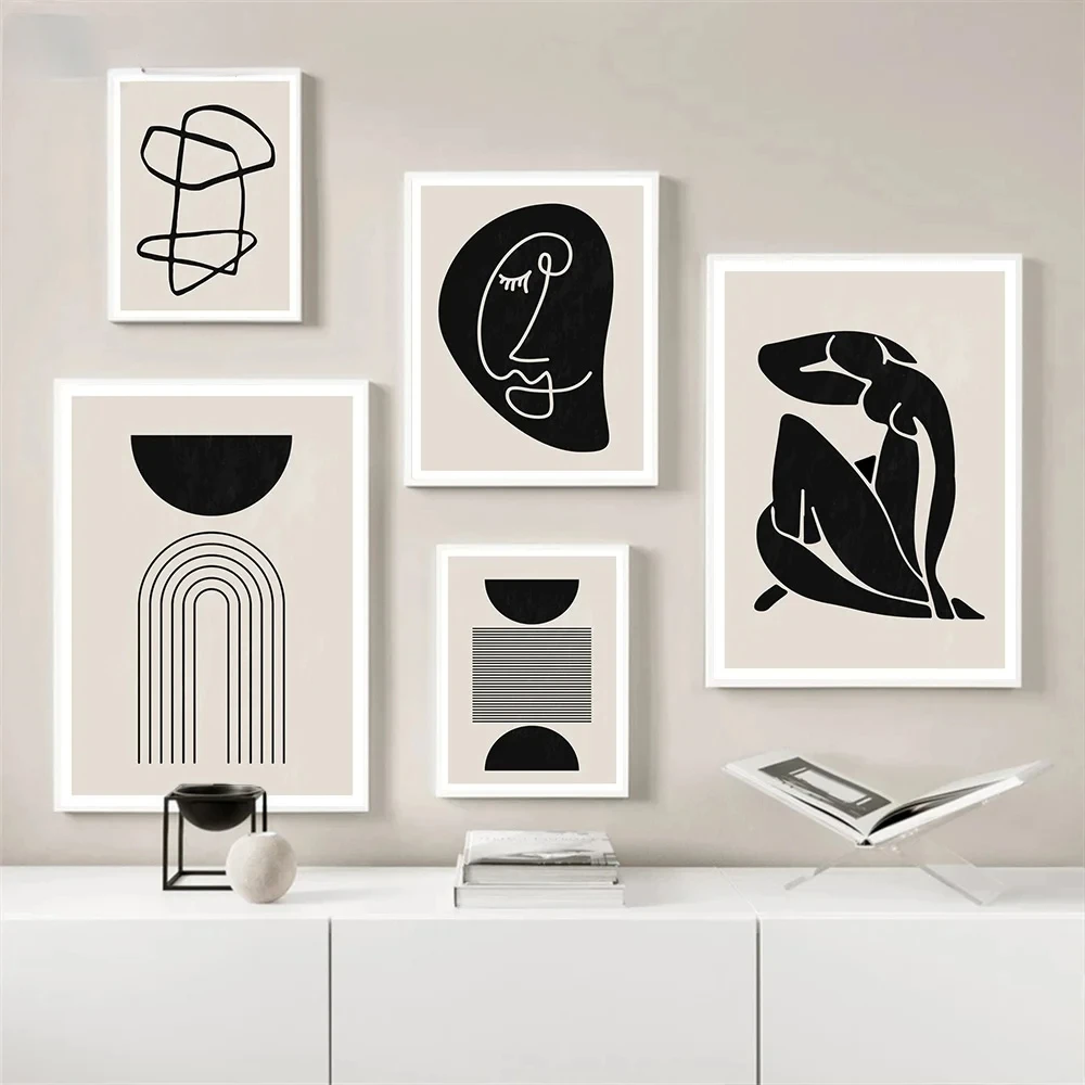 مجردة خطوط الجسم المشارك أسود بيج قماش اللوحة الشمال جدار الفن الطباعة صورة غرفة المعيشة ديكور المنزل طلاء جدران #2