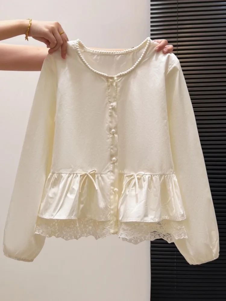 

Женская блузка с длинным рукавом и кружевной отделкой, весна 2026, новый стиль, плиссированный подол, корейский свободный крой, с завязками