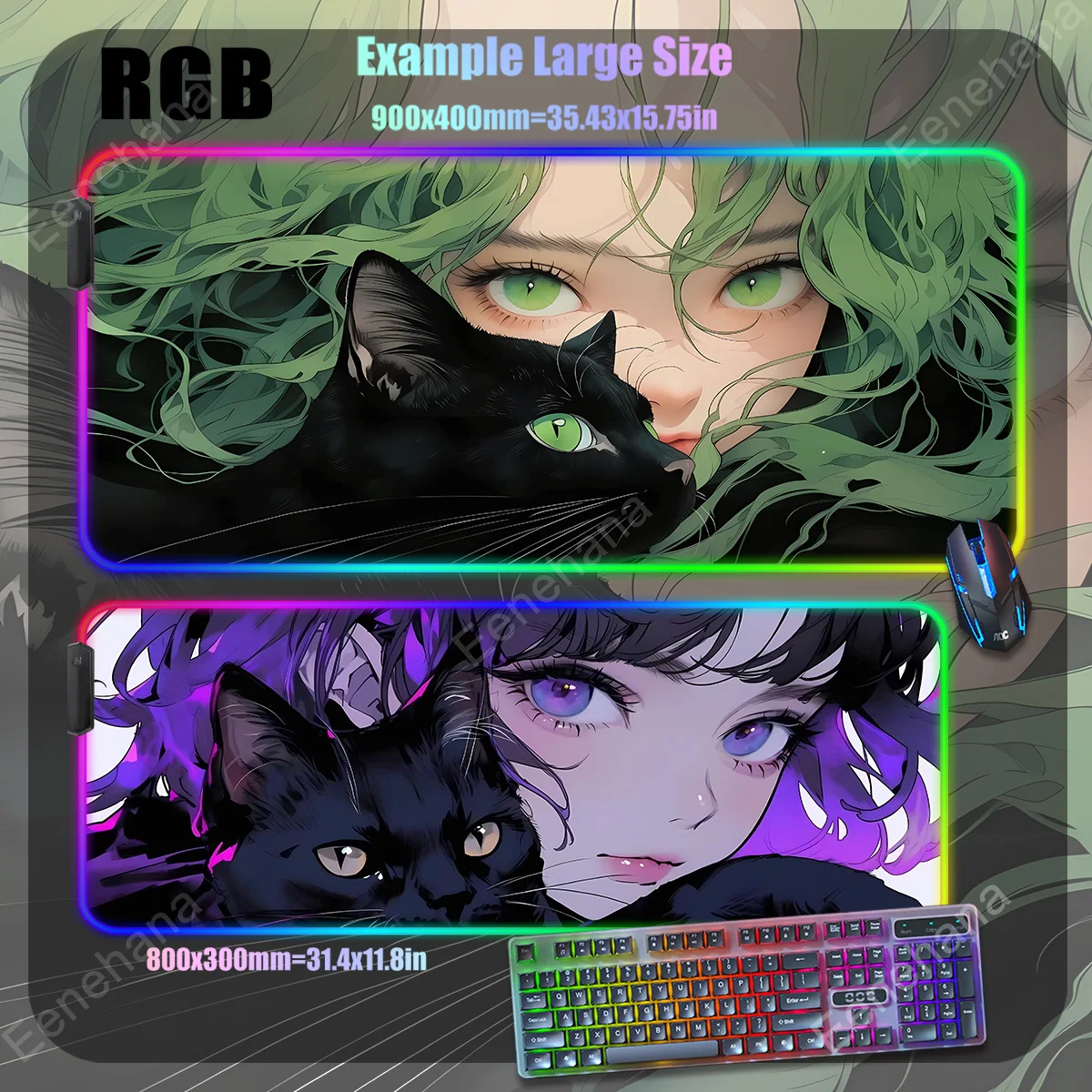 

RGB Computer Accessories Gaming Mouse Pad Backlit LED Office Desk Extended Carpet Large black cat Gamer Anime Girls kawaii Mats