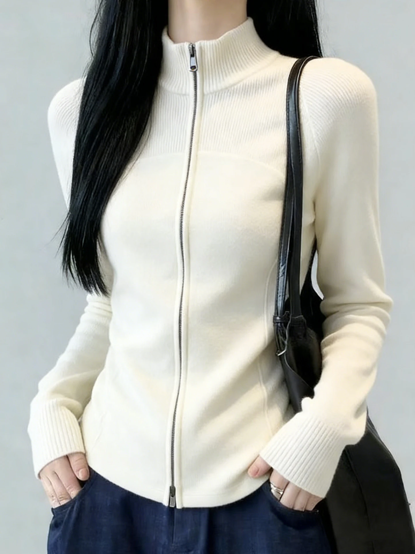 

Spring 2026 Pure Color Long Sleeve Knitted Shirt Casual Versatile Slimming Zipper Design Commute Style Korean Fashion Inner Wear