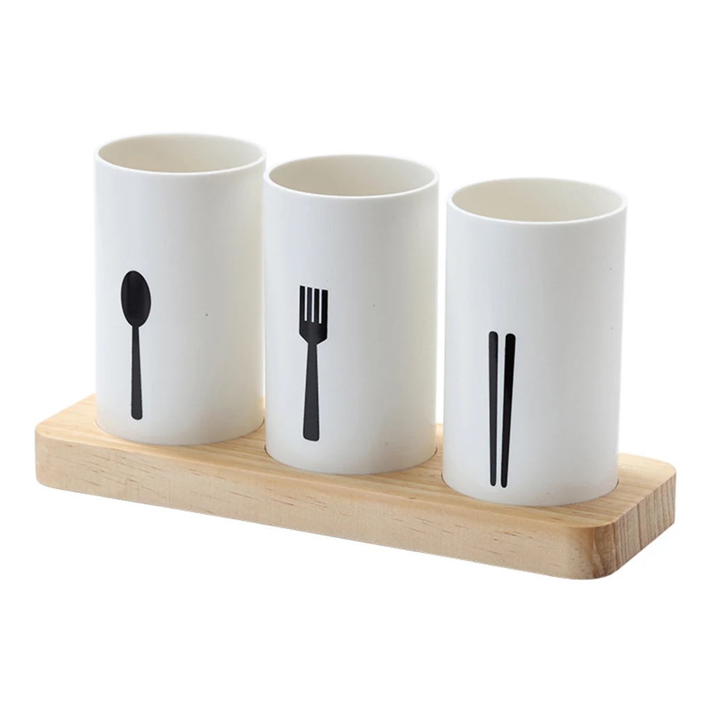 Oak Base Plastic Utensil Storage Box Kitchen Spoons Forks Chopsticks Dinnerware Tube Draining Stand Shelf