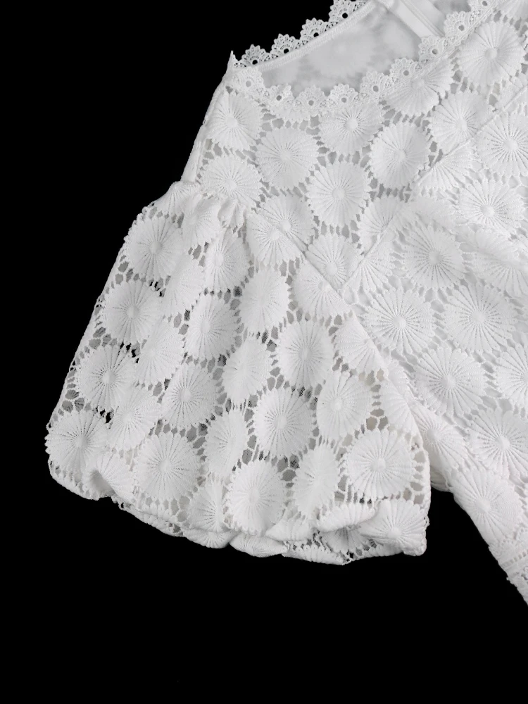 White Lace Long Women Dresses for Wedding Floral A Line Mid Calf Half Puff Sleeves O Neck High Waist Dress view 4