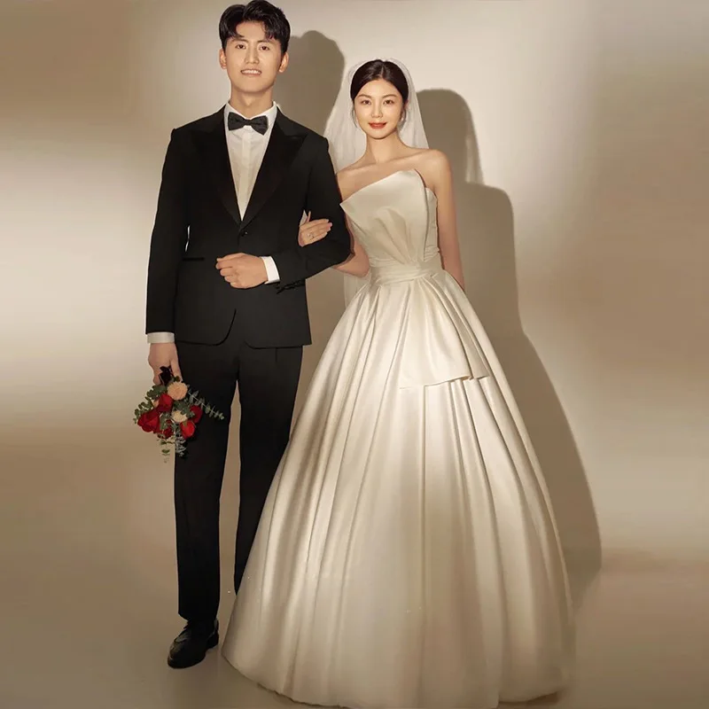 Vestido blanco de lujo de satén sin mangas, vestidos de novia para mujer, decoración de lazo, vestido de fiesta de cumpleaños, sesión de fotos de boda personalizada