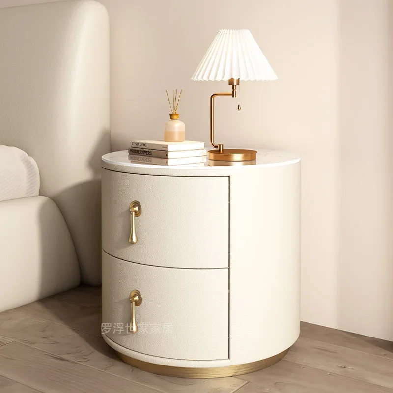 Light luxury bedside table Round modern simple small bedside table Bedroom advanced rock slab solid wood leather bedside table