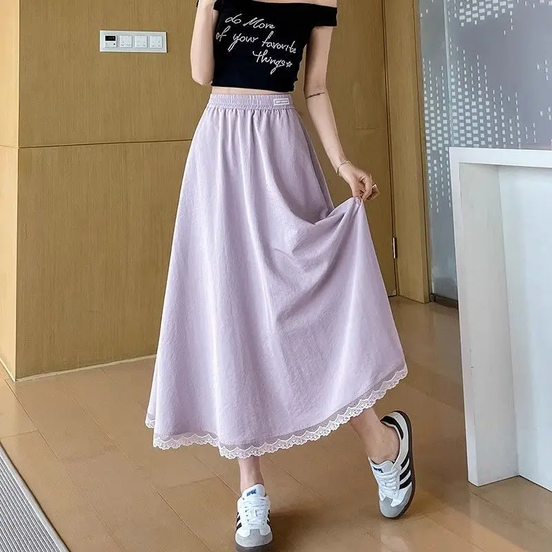 High Waist Loose Lace Patchwork Solid Trend A-line Skirt Women Clothing Thin Simplicity Fashion Midi Skirt Casual Korean Summer