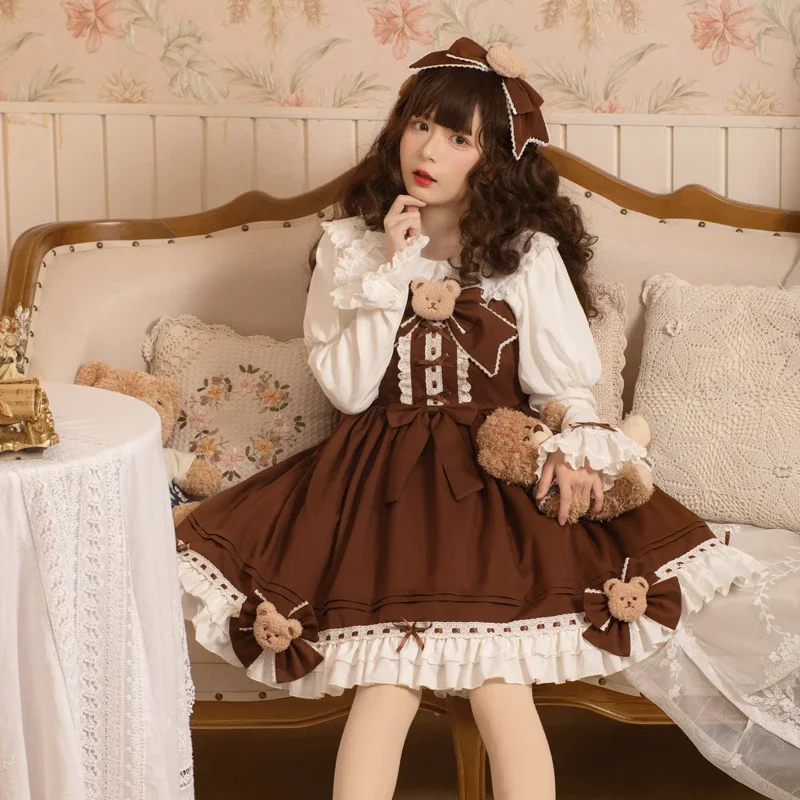 Original estilo japonês doce bonito lolita vestidos 3d arco urso cintura alta a linha retro jsk princesa suspender vestido feminino primavera
